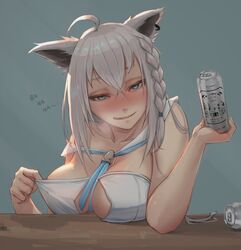 :q absurdres ahoge animal_ears bangs bare_shoulders beer_can blush braid breasts can center_opening clothes_pull drunk female fox_ears fox_girl french_braid hair_between_eyes highres holding holding_can hololive hololive_gamers hololive_gen_1 hololive_japan large_breasts long_hair looking_at_viewer myth1c naughty_face no_bra nose_blush off_shoulder revealing_clothes sailor_collar shirakami_fubuki shirt shirt_pull side_braid solo tongue tongue_out virtual_youtuber white_hair white_sailor_collar white_shirt