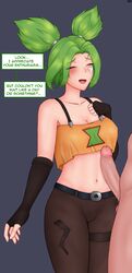 1boy 1girls absurd_res crop_top double_bun female fingerless_gloves green_hair huge_cock league_of_legends male midriff nervous penis_awe spiritof2281 text zeri_(league_of_legends)