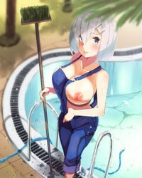 absurdres alternate_costume blue_eyes blue_overalls breasts broom female hair_ornament hair_over_one_eye hairclip hamakaze_(kantai_collection) highres holding holding_broom hose kantai_collection large_breasts naked_overalls nipples one_breast_out overalls pool_ladder poolside sarfata short_hair silver_hair solo standing