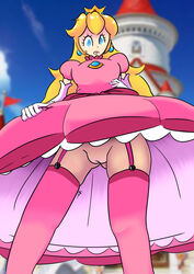 absurd_res ass blonde_hair blue_eyes castle crown dress dress_lift eee1234 frills garter_straps gloves going_commando jewelry long_dress long_gloves long_hair looking_at_viewer mario_(series) nintendo no_panties pink_dress pink_stockings princess princess_peach puffy_pussy puffy_sleeves pussy ruffles shocked stockings super_mario_bros.