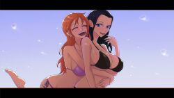 2girls big_breasts bikini black_hair blue_eyes breasts curvy female female_focus female_only happy hug hug_from_behind long_hair nami nico_robin one_piece opalisart orange_hair post-timeskip skimpy_bikini smile water water_droplets wholesome yuri