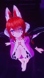 1girls 3d ahoge animal_ears bikini_top blue_eyes blush cleavage cow_print cow_print_bikini feet female female_only fox_ears fox_girl ginger_hair glubbable heart-shaped_pupils high-angle_view horns huge_breasts large_breasts light-skinned_female light_skin looking_at_viewer looking_up looking_up_at_viewer painted_toenails solo solo_female solo_focus succubus unzipped unzipped_jacket virtual_youtuber vrchat vrchat_avatar wings