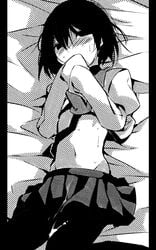 1girls after_sex bakemonogatari bed_sheet belly_button black_border black_eyes black_hair black_legwear black_necktie blush blushing bob_cut border commentary covering_mouth cum cum_on_clothes cum_on_legs dress_shirt empty_eyes exposed_belly female flat_chest greyscale hair_strand half-closed_eyes halftone hammer_(sunset_beach) highres hip_bones long_sleeves looking_at_viewer lying lying_on_bed messy_hair midriff monochrome monogatari_(series) naoetsu_high_school_uniform navel necktie nose_blush on_back open_clothes open_shirt oshino_ougi oshino_shinobu own_hands_together pantyhose pillarboxed pleated_skirt puffy_sleeves school_uniform shaded_face shirt short_hair sitting skirt small_breasts solo sweat sweatdrop sweating w_arms wariza young