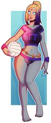 1girls barefoot bimbo bimbofication blue_eyes dc dc_comics eye_color_change female hair_color_change large_ass large_breasts mid-transformation navel rachel_roth raven_(dc) skin_color_change teen_titans thick_lips thick_thighs transformation volleyball volleyball_uniform wide_hips wrenzephyr2