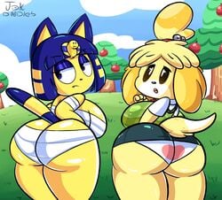 2021 2girls animal_crossing ankha ankha_(animal_crossing) anthro anthro_only ass ass_to_ass big big_ass blue_eyes blue_hair breasts brown_eyes bubble_butt canine cat_tail dog_tail egyptian feline female female_only hair isabelle_(animal_crossing) jdkdoodles large_breasts looking_back multiple_girls nintendo ornament outdoors outside panties short_hair sideboob skirt tagme tail thighs upskirt wrappings yellow_body yellow_fur