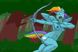 2017 anthro anthrofied arrow bow_(weapon) breasts equine ethanqix feathered_wings feathers female friendship_is_magic hair holding_object holding_weapon mammal multicolored_hair my_little_pony nipples nude open_mouth outside pegasus rainbow_dash_(mlp) rainbow_hair ranged_weapon solo straight_hair tree weapon wings