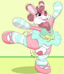 ambiguous_gender animate_inanimate anthro ballet bound clothing dance_shoes dancewear dress encasement footwear hair hi_res kastmi lagomorph legwear leporid mammal pink_body pink_hair plushie plushophilia plushsuit pointe_shoes purple_eyes rabbit sex_toy shoes solo thigh_highs vibrator