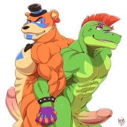 2022 abs alligator alligatorid anthro arvie balls boner bracelet clothing crocodilian digital_media_(artwork) duo ear_piercing ear_ring erection eyewear five_nights_at_freddy's five_nights_at_freddy's:_security_breach gay genitals glamcock glamrock_freddy_(fnaf) hat headgear headwear hi_res humanoid_genitalia humanoid_penis jewelry male male_only mammal mohawk montgomery_gator_(fnaf) muscular muscular_anthro muscular_male nude penis piercing reptile scalie scottgames simple_background spiked_bracelet spikes sunglasses ursid video_games white_background