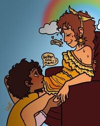 1boy 1girls after_sex blush camilo_madrigal dark-skinned_male dark_skin dialogue disney encanto female implied_cunnilingus implied_oral incest latina latino lawlicon light-skinned_female light_skin male milf mother_and_son pepa_madrigal sweat teen_boy wavy_mouth
