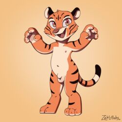 1:1 2022 anthro balls casual_nudity chibi digital_media_(artwork) felid fur genitals hair hi_res looking_at_viewer male mammal nipples nude open_mouth pantherine penis simple_background smile solo striped_body stripes tiger zeklullaby