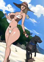 beach belly_button bikini black_body black_fur blonde_hair canine collar hat human imminent_sex jijis-waifus leash licking licking_lips paw_tattoo tattoo walking white_bikini white_body white_skin