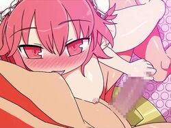 1boy 1girls 2d animated breasts cum cum_on_thighs cum_outside female hand_on_penis handjob kasen-chan_to_ofuro_x!! kasen_ibaraki male nipples no_sound penis pov shorter_than_30_seconds straight touhou video yassy