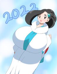 1girls 2022 alternate_breast_size alternate_hairstyle big_breasts black_hair blush breasts brown_eyes candice_(pokemon) clothed clothed_female eyelashes female female_only hair_ornament huge_breasts japanese_clothes kimono nintendo nuruudon open_mouth pale-skinned_female pale_skin pokemon pokemon_dppt short_hair smile solo solo_female standing tagme tied_hair voluptuous