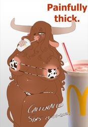 2021 5_fingers animal_bikini animal_print anthro areola areola_slip beauty_mark belly beverage big_breasts big_horn bikini blush bovid bovine breasts brown_body brown_fur brown_hair caffeinatedsins cattle clothed clothing cow_bikini cow_print curled_hair dark_body dark_fur dark_hair dipstick_fingers drinking eyebrows eyelashes eyepatch_bikini female fingers flora_(caffeinatedsins) fur green_eyes hair heart hi_res highland_cattle holding_beverage holding_object horn huge_breasts long_hair looking_at_viewer mammal mcdonald's navel one_eye_closed overweight overweight_anthro overweight_female pattern_clothing pattern_swimwear pink_nose portrait skimpy smile solo standing swimwear thick_eyebrows thick_thighs three-quarter_portrait tight_clothing