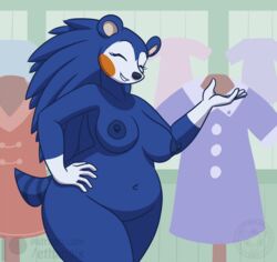 2017 animal_crossing anthro areola big_breasts black_nose breasts closed_eyes ethanqix eyelashes female hand_on_hip hedgehog mabel_able mammal navel nintendo nipples smile solo video_games