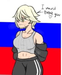 blonde_hair clothed dialogue russia russian sharpiewastaken steam sweaty tagme tanktop workout_clothes