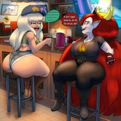 2girls alcohol ass backboob bar beer big_ass big_breasts blonde_hair boots booty_shorts breasts bubble_butt denim_shorts detailed_background dialogue disney disney_channel english_text fat_ass female female_only fingerless_gloves green_eyes hekapoo high_resolution highres horns jackie_lynn_thomas jean_shorts large_breasts light-skinned_female light_skin long_ears long_hair multicolored_hair multiple_girls n-kosi n-kosi_(coloring) name_drop pointy_ears red_eyes red_hair shorts sitting smooth_skin star_vs_the_forces_of_evil tagme text thick_thighs thighs two_tone_hair white_body white_skin yellow_sclera