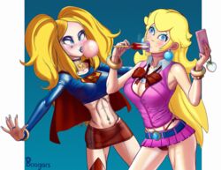 2girls big_lips bimbo boogars bubblegum choker cross-eyed dc kara_zor-el large_breasts mario_(series) multiple_girls navel navel_piercing panties popsicle princess_peach revealing_clothes thick_lips thick_thighs