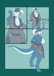 after_transformation anthro areola blue_body breast_expansion breasts clothing colored comic expansion female gender_transformation halcy0n hi_res kobold mostly_nude mtf_transformation nipples solo species_transformation surprise transformation yellow_eyes