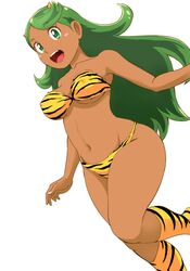 1girls bikini breasts dark-skinned_female dark_skin erect_nipples erect_nipples_under_clothes fangs female female_only green_eyes green_hair hi_res horn lum_(cosplay) mallow_(pokemon) pokemon pokemon_sm smile solo thick_thighs tiger_print tof urusei_yatsura white_background wide_hips