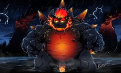 2022 anthro belly black_body bowser bowser's_fury detailed_background fury_bowser hi_res humanoid_hands koopa male male_only mario_(series) moobs navel nintendo nipples outcast-stars outside overweight overweight_male raining scalie solo super_mario_3d_world video_games water