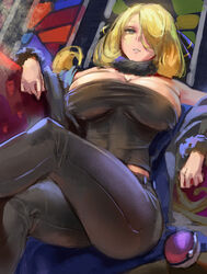 1girls alternate_breast_size blonde_hair breasts busty clothing crossed_legs cynthia_(pokemon) female female_only gym_leader hair_over_one_eye kazo large_breasts milf nintendo pokemon pokemon_dppt