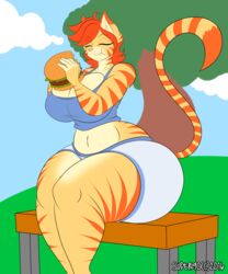 1girls 2d 5:6 animated anthro ass big_breasts big_butt breasts burger cleavage clothed clothing crumbs curvy_figure domestic_cat eating felid feline felis female female_only food hi_res huge_breasts huge_butt huge_thighs loree mammal motion_tweening short_playtime slightly_chubby small_waist smile solo superix thick_thighs voluptuous