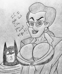 batman batman:_the_animated_series batman_(bruce_wayne) batman_(series) big_breasts breasts cleavage dc_comics dcau doomberryart female glasses janet_van_dorn lipstick male monochrome sketch smile