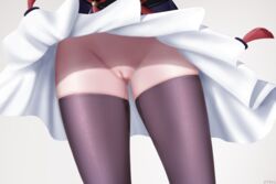 ass_visible_through_thighs black_legwear censored clothes_lift female genshin_impact highres lower_body mosaic_censoring no_panties pussy skirt skirt_lift solo thighhighs wet wet_clothes white_background yun_jin_(genshin_impact) z282g