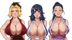 3girls areola_slip big_breasts black_hair blonde_hair blue_eyes choker cleavage dark_hair demon_slayer female female_only hand_on_hip hi_res hinatsuru_(kimetsu_no_yaiba) huge_breasts japanese_clothes kimetsu_no_yaiba large_areolae looking_at_viewer makio_(kimetsu_no_yaiba) mole_under_eye nipple_slip no_bra obi open_clothes overflowing_breasts ponytail purple_eyes sleeveless smile spicy suma_(kimetsu_no_yaiba) the_wives_(kimetsu_no_yaiba) two_tone_hair upper_body yellow_eyes