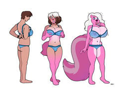 2017 anthro barefoot big_breasts blackshirtboy blue_eyes bra breast_growth breasts brown_hair clothed clothing crossdressing feet female fur gender_transformation growth hair hand_on_breast hi_res human human_to_anthro male mammal mephitid mtf_transformation navel open_mouth pink_body pink_fur sequence short_hair skunk species_transformation standing story story_in_description surprise tail_growth transformation underwear white_hair