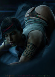 1girls 3d 3d_(artwork) absurd_res ass ass_up black_hair blue_eyes bottomless bubble_butt chromatic_aberration earrings female female_focus female_only freckles gears_of_war gears_of_war_4 gears_of_war_5 kait_diaz lace-trimmed_panties light-skinned_female light_skin lingerie looking_at_viewer no_pants on_stomach scar seductive shiny_skin shirt short_hair skstalker solo solo_female solo_focus tattoo thong