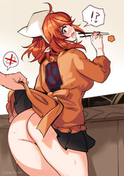 !? ass back_bow big_ass black_skirt blush bow brown_eyes brown_hair chopsticks clothes_lift fate/grand_order fate_(series) female fujimaru_ritsuka_(female) highres holding holding_chopsticks lifted_by_another medium_hair no_panties orange_bow orange_shirt ruri_rarako shirt skirt skirt_lift solo_focus spoken_interrobang spoken_panties surprised sweat twitter_username