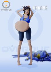 1girls barefoot belly big_belly big_breasts breasts cleavage dark-skinned_female dark_skin egyptian female female_only middle_eastern middle_eastern_female overwatch pharah plus1b pregnant solo_female sports_bra