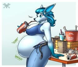 1girls bag belly belly_button big_ass big_belly big_breasts big_butt big_thighs blue_eyes blue_fur blue_hair canid canine clothed drink drinking eeveelution fat fat_woman female female_only food fox furry glaceon hand_on_table looking_at_viewer pokémon pokémon_(species) rumbling_stomach soda soda_can solo stomach_noises tacticalfur unbuckled_belt white_fur wrapper