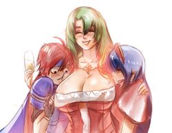 1boy 2girls alcohol alternate_breast_size angry arm_around_shoulder big_breasts bloom blue_hair breast breast_envy breast_press breasts cape cecilia_(fire_emblem) champagne champagne_flute christmas christmas_outfit cleavage cup depressed drinking_glass empty_eyes eyes_closed eyes_wide_open face_against_breast female fire_emblem fire_emblem:_the_binding_blade fire_emblem_heroes green_hair headband hug huge_breasts large_breasts lilina_(fire_emblem) long_hair looking_at_breasts male mrkg_(arsfatuus) multiple_girls nintendo red_hair roy_(fire_emblem) sketch smile surprised surprised_expression white_background wide-eyed wine wine_glass