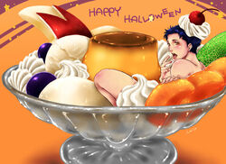 1boy attack_on_titan cream finger_licking food food_on_body fruit halloween male_only marco_bodt naked shingeki_no_kyojin visible_nipples