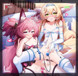 1boy 2girls absurdres anal anal_beads animal_ear_fluff animal_ears arknights ass bangs bar_censor blonde_hair blush bottomless breasts censored collarbone cum cum_in_pussy cum_on_hair cum_string cumdrip ddddecade egg_vibrator eyebrows_visible_through_hair female fox fox_ears fox_girl frills garter_belt hair_between_eyes heart highres kitsune kitsunemimi long_hair looking_at_viewer male multiple_girls multiple_tails navel nipples parted_lips penis pink_eyes pink_hair ponytail pout presenting pussy remote_control_vibrator see-through sex_toy shamare_(arknights) small_breasts suzuran_(arknights) tail thighhighs underwear vaginal_penetration vibrator viewfinder white_legwear yellow_eyes young