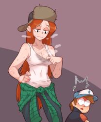 1boy 1girls blush dipper_pines disney disney_channel disney_xd earrings freckles fully_clothed gravity_falls holding_clothing irritated medium_breasts orange_hair smooth_skin steam steaming_body surprised sweat sweat_stain sweatdrop sweating sweaty_body sweaty_breasts sweaty_clothes ushanka wendy_corduroy wet wet_clothes zznakuu