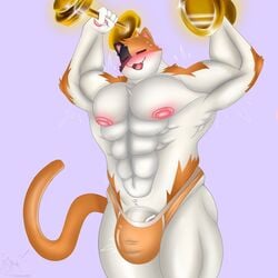 1boy 2022 abs anthro big_muscles bodily_fluids buff bulge calico_cat clothed clothing domestic_cat dumbbell epic_games exercise eyes_closed felid feline felis fortnite furry genitals highres male male_only mammal meowscles_(fortnite) mottled muscular muscular_anthro muscular_male nipples open_mouth open_smile orange_clothing orange_underwear pecs penis piebald pink_nipples raised_arms simple_background smile solo standing sweat tongue topless underwear vein veiny_penis video_games weightlifting weights workout yamwamm