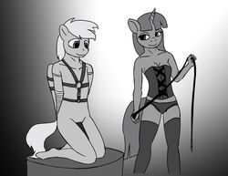 anthro clothing corset cutting_chipset dominant dominant_female equid equine fan_character female harness hasbro horn kneeling leggings legwear lingerie male male/female mammal monochrome mostly_nude my_little_pony nude panties pegasus smile solo submissive submissive_male topwear underwear unicorn warskunk_(artist) whip wings