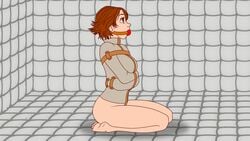 16:9 asylum ball_gag barefoot bondage brown_hair disney disney_princess feet female female_only gag gagged kneeling large_breasts medium_breasts padded_cell padded_room princess rapunzel short_hair solo straitjacket tangled victorzulu