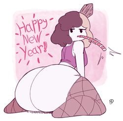 1girls ass ass_focus big_ass bottom_heavy female female_only fiffer flake_(fiffer) happy_new_year looking_at_viewer looking_back multicolored_hair new_year nub_feet short_hair solo solo_female text thick_thighs thighhighs thighs watermark