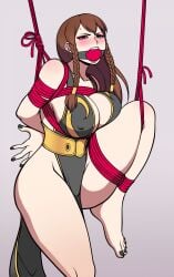 alternate_costume alternate_hairstyle arms_behind_back barefoot big_breasts black_fingernails black_toenail_polish black_toenails blush blushing bondage braids breasts brown_hair capcom chun-li chun-li_(battle_ouffit_sfv) female female_focus female_only gag gagged jam-orbital nipple_bulge revealing_clothes street_fighter street_fighter_v thick_thighs toenail_polish