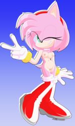 amy_rose anthro cute female green_eyes hedgehog jasienorko naked_footwear navel pink_fur pink_hair pussy sega small_breasts smile solo solo_female sonic_(series) sonic_team teeth v wink