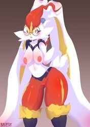 2022 absurd_res anthro big_ears blush breasts cinderace eyewear female fur furry furry_only gigantamax_cinderace gigantamax_pokémon glasses hi_res lagomorph leporid mammal naked nintendo nude pokémon_(species) pokemon pussy rabbit sarox solo tail thick_thighs video_games