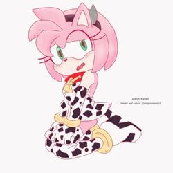 1girls amy_rose animal_humanoid anthro boots clothing cow_bell cow_girl cow_horns cow_print female female_focus female_only kandlin pink_fur pink_hair small_breasts solo sonic_(series) stockings thighs