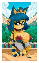 animal_crossing ankha anthro big_breasts blue_eyebrows blue_eyes blue_hair border breasts clothed clothing cloud day domestic_cat doppledadko eyebrows felid feline felis female fingers hair hi_res huge_breasts mammal nintendo outside solo uraeus video_games white_border yellow_body