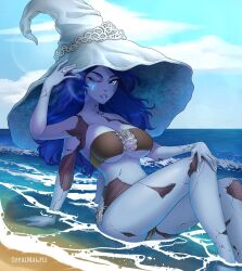 1girls aqua_eyes beach big_hat bikini blue_body blue_hair doll_joints elden_ring female female_only fromsoftware hi_res in_water long_hair looking_at_viewer oppaimagpie ranni_the_witch seaside sitting smiling_at_viewer solo solo_female wink winking_at_viewer witch_hat