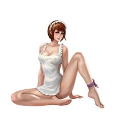 1girls apron atomx blush cleavage erection_under_clothes feet female female_only labia maid naked_apron short_hair sitting white_background